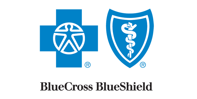 BlueCross BlueShield logo featuring a blue cross with a human figure and a blue shield with a caduceus symbol, with the brand name below.