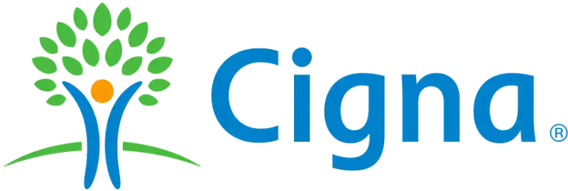 Cigna logo with a stylized tree formed by green leaves, a yellow circle, blue lines, and the word “Cigna” in blue letters.