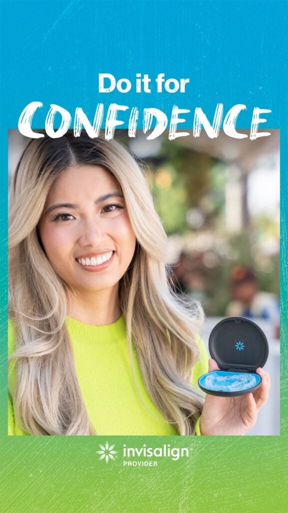 Woman smiling and holding an Invisalign case, with the text “Do it for confidence” and the Invisalign Provider logo at the bottom.