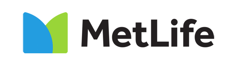 MetLife logo featuring a stylized "M" in blue and green beside the company name in bold black text.