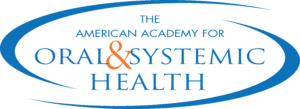 Logo of the American Academy for Oral & Systemic Health, featuring blue and orange text within a blue circular swoosh.