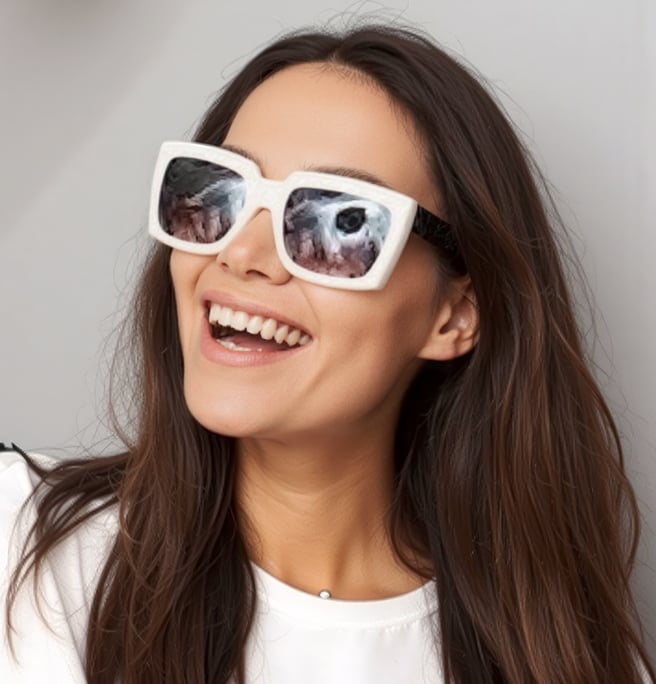 A woman smiling while wearing large, white sunglasses reflecting close-up images of animal eyes, reminiscent of the joyful expressions seen in the smile doctor reviews.