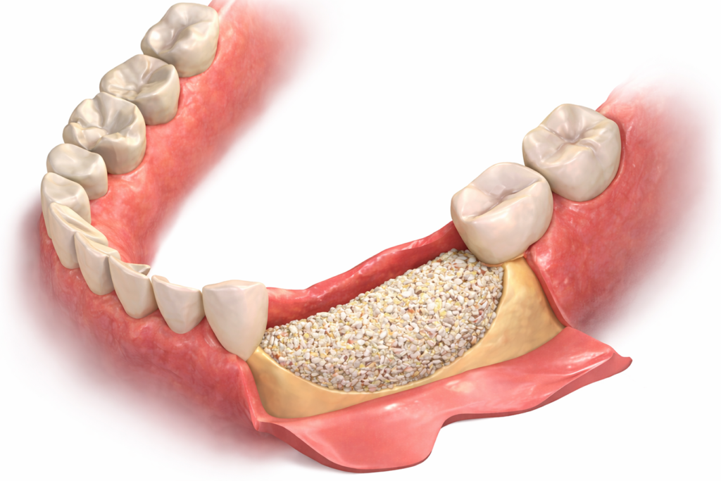 Illustration of a dental bone graft in the lower jaw, showing graft material placed where a tooth is missing to support future dental implants, often combined with subgingival curettage for optimal gum health.