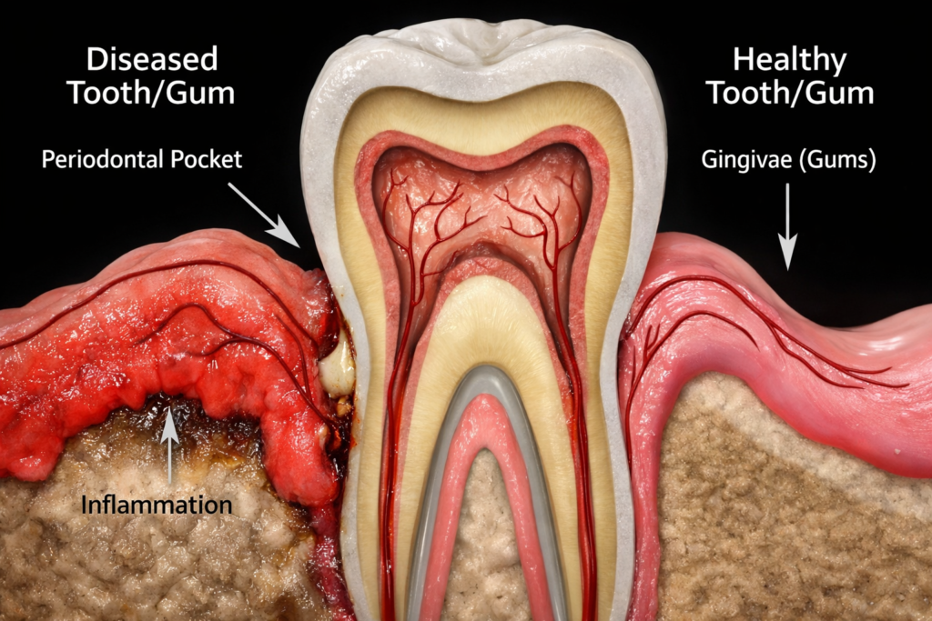 Cross-section illustration comparing a diseased tooth and gum with inflammation and periodontal pocket to a healthy tooth and gum with intact gingivae. Labels indicate affected areas and highlight the importance of gingivitis treatment to prevent risks like heart attack.