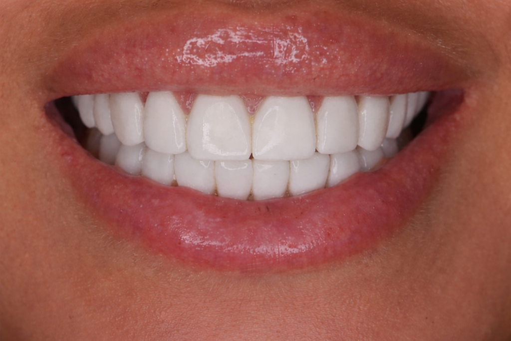 A close-up of a person's mouth showing straight, white teeth and healthy, pink lips—an example of the results achievable with restorative dentistry treatments.