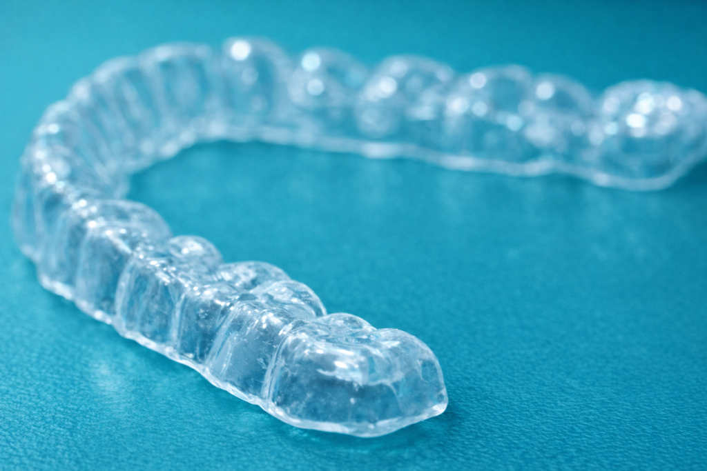 A clear plastic dental aligner, often used as part of preventive services, is placed on a blue surface.