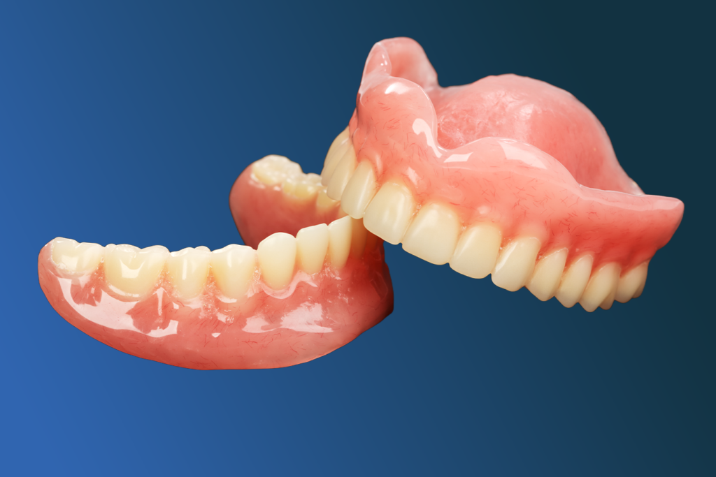A set of upper and lower dentures with pink gums and white teeth, showcasing restorative dentistry treatments, displayed against a blue gradient background.
