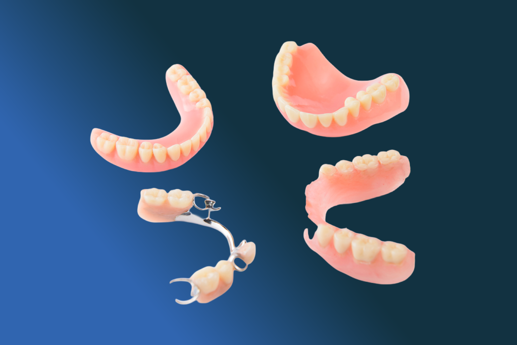 Four sets of dental prosthetics, including partial and full dentures, showcase restorative dentistry treatments against a blue gradient background.