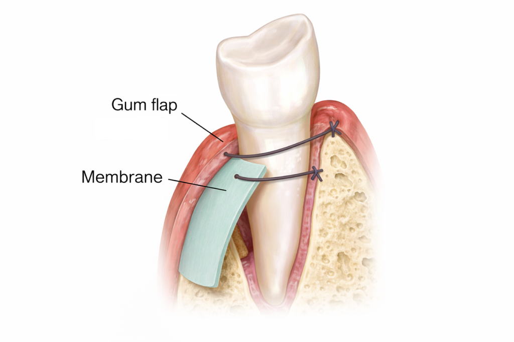 Illustration of a tooth with labeled gum flap and membrane, showing a sutured gum flap procedure in dental surgery, often performed alongside subgingival curettage or advanced treatments like laser gum therapy in Sacramento.