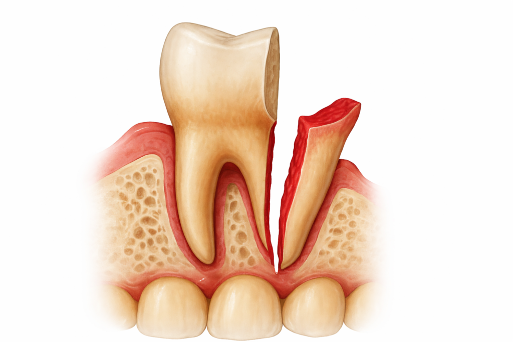 Medical illustration showing a tooth and a cross-section of the gum and jawbone, with the gum partially removed to reveal underlying bone and tooth roots—a useful visual for understanding endodontics in Sacramento or procedures like root canal therapy​.