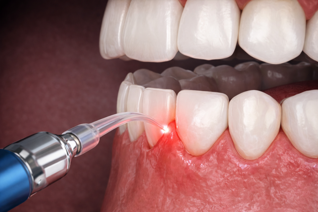 A dental laser device is being used for subgingival curettage on the gumline of a patient's lower teeth in Sacramento.