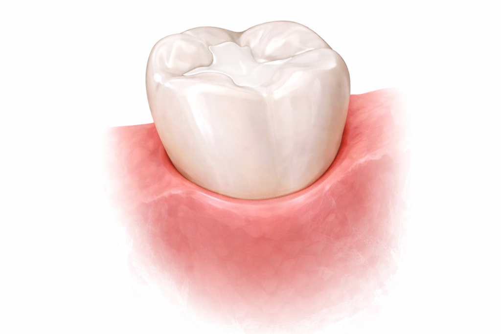 Illustration of a healthy human molar tooth with a white dental filling, shown in pink gum tissue on a white background, representing restorative dentistry treatments.