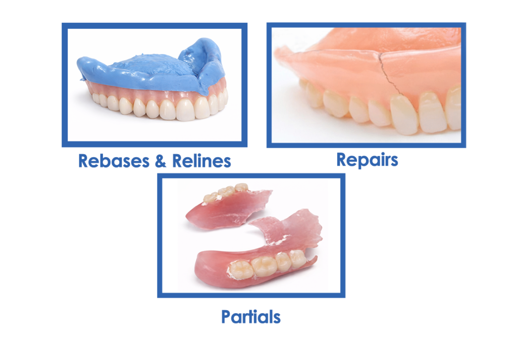 Three images highlight restorative dentistry services: a denture with blue material labeled "Rebases & Relines," a cracked denture labeled "Repairs," and two partial dentures labeled "Partials.