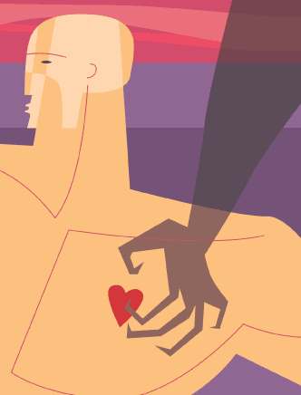 Abstract illustration of a person with a broken heart shape on their chest being grasped by a large, dark hand, symbolizing the emotional impact that oral inflammation or gum disease can have on overall health.