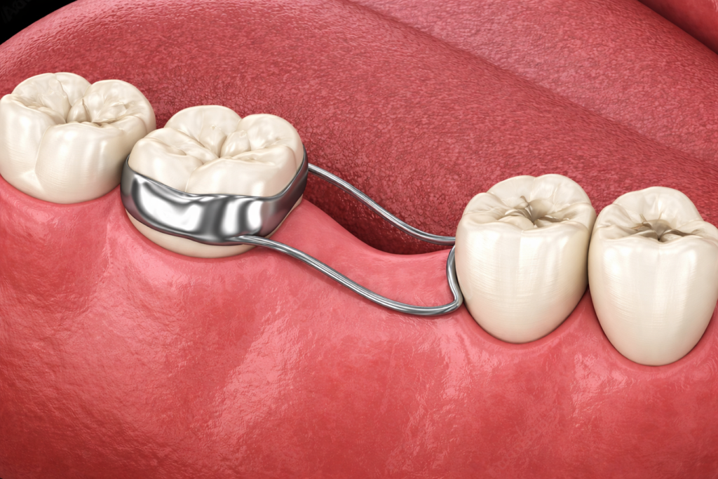 A dental space maintainer, as part of preventive services, is attached to two molars to hold space for a missing tooth in the lower jaw gum.