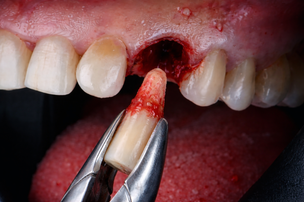 Close-up of oral surgery: dental extraction shown with forceps holding a blood-stained tooth in front of the gum where the tooth was removed.