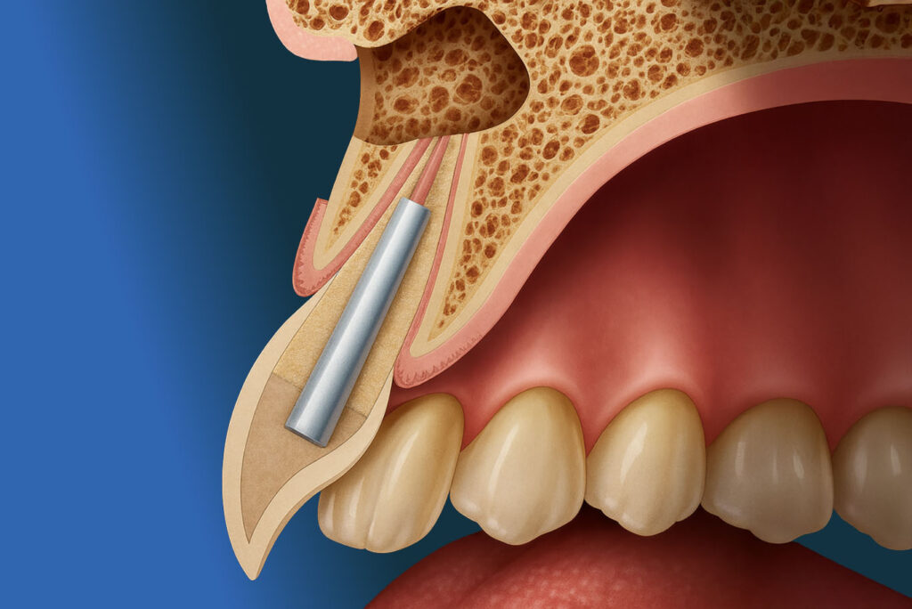 Medical illustration showing a dental implant inserted into the upper jawbone beneath the gum and above the upper teeth, with surrounding bone and tissue cross-sectioned—ideal for periodontics and laser gum procedures in Sacramento.