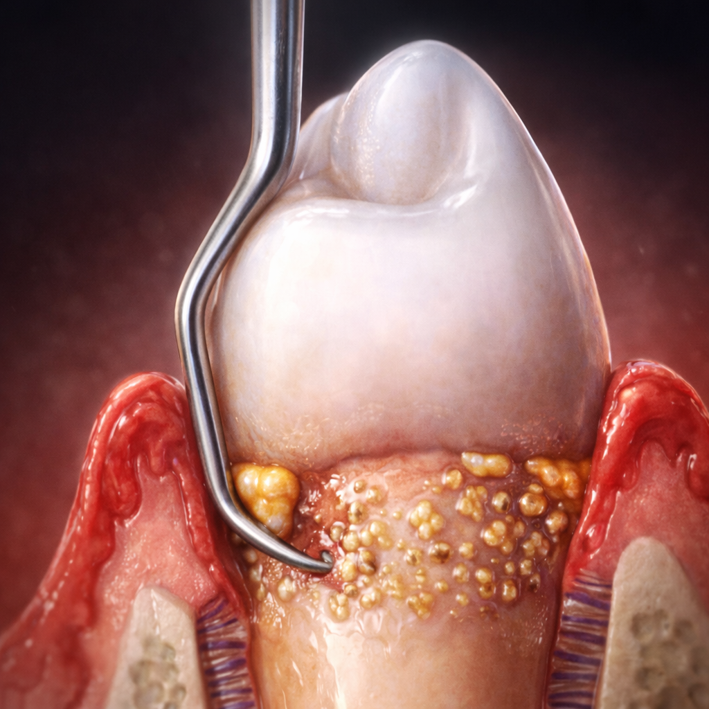 A dental tool removes yellow tartar buildup from a tooth near inflamed gums, showing periodontal disease and gum recession in a cross-sectional view—an important procedure in periodontics.