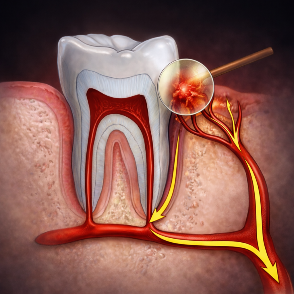 Cross-section illustration of a tooth showing inflamed pulp tissue and nerves, indicating a dental infection or toothache. A magnifying glass highlights the inflamed area—ideal for periodontics and subgingival curettage procedures in Sacramento.