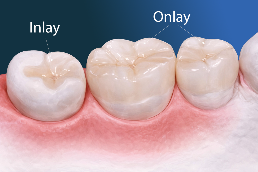 Cross-section illustration of teeth showing a labeled inlay on one tooth and a labeled onlay on another, highlighting the difference between these restorative dentistry treatments.