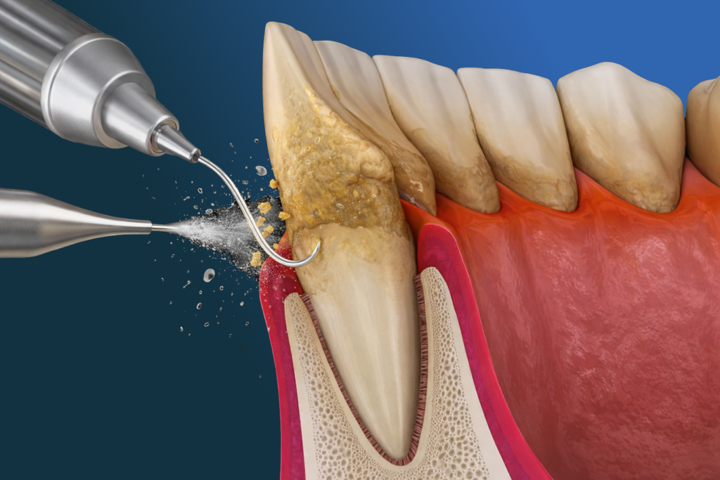 Illustration of a dental procedure in periodontics, showing instruments performing subgingival curettage to remove tartar buildup from below the gumline, with nearby teeth and gum tissue visible.