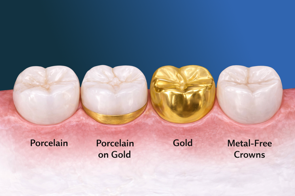 Illustration showing four types of dental crowns on molars—porcelain, porcelain on gold, gold, and metal-free—labeled to highlight restorative dentistry treatments.